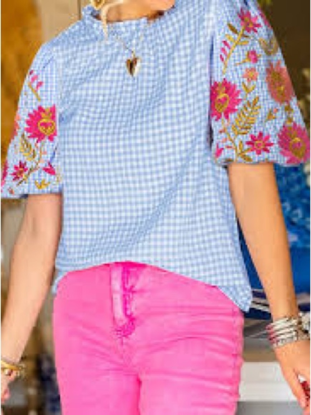 Light Blue Gingham Embroidered Sleeve Blouse - Women's